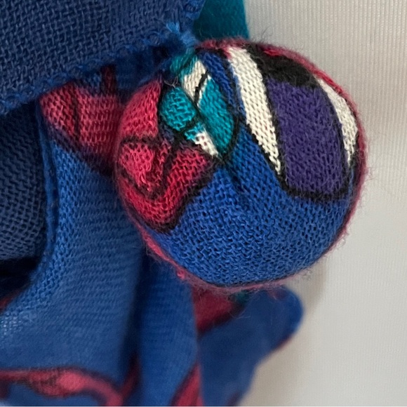 SCARF Blue Sheer Bias Cut Two Tone Blue Circles Pom Poms Ruffle Artsy Casual - Picture 5 of 12